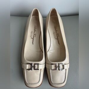 Salvatore Ferragamo Cream Leather Loafers with Silver Buckle